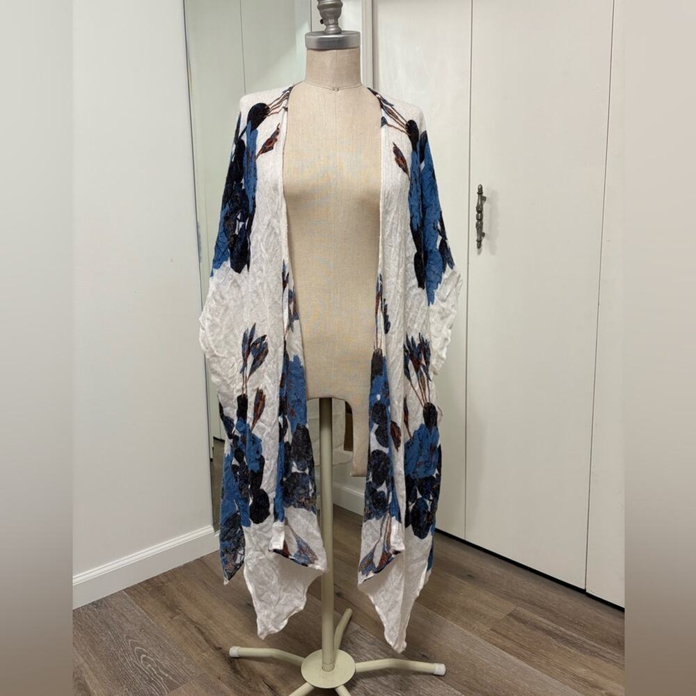 Sonoma Woman’s Floral Open Front Kimono Ivory Blue Long Cardigan One Size